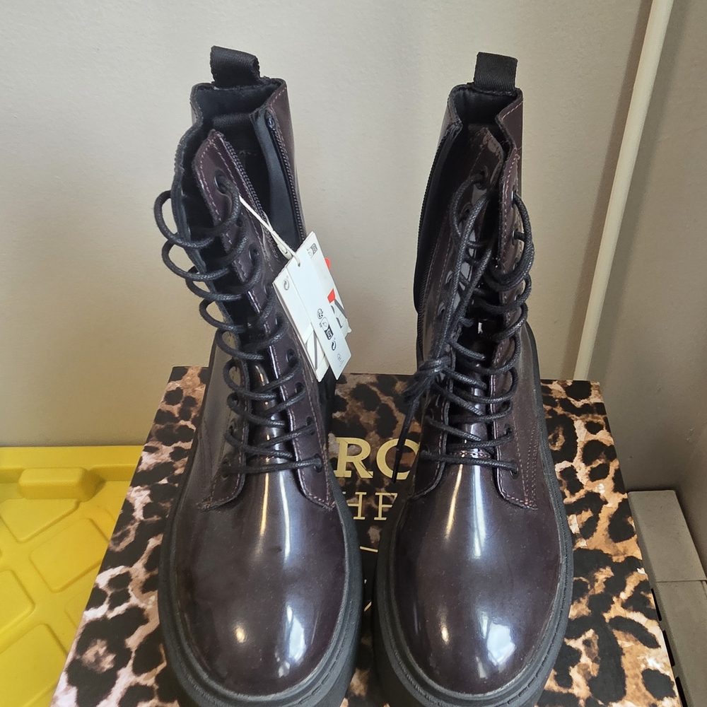 Dark Plum Purple  Patent Leather Combat Boots
